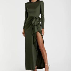 Mac Duggal Dark Green Long Sleeve Structured Bow Draped Gown